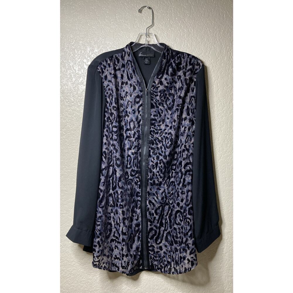Lane Bryant Top Womens 22/24 Leopard Print Zip Front Semi Sheer Black Purple